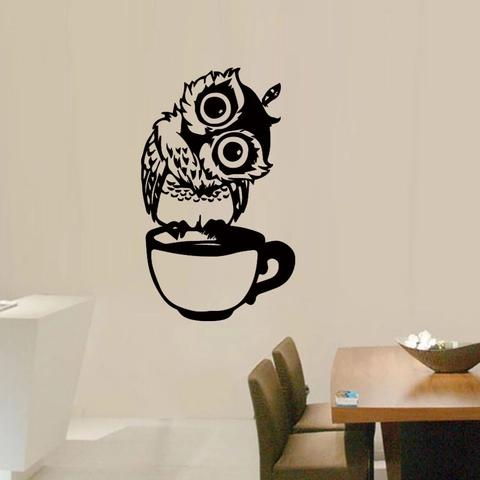 Karikatur Eule Kaffeetasse Wandaufkleber Abnehmbare PVC Dekorative Wandbild Für Kinderzimmer Schlafzimmer Küche Cafe Haus Wand Dekor