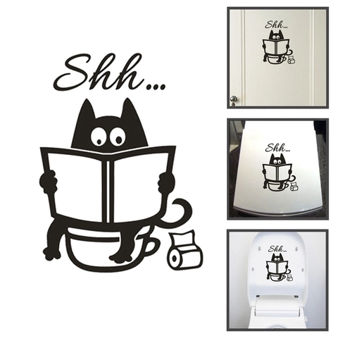 Lustige Cartoon Katze Zeitung Lesen Toilettenaufkleber PVC Wasserdicht Abnehmbar Shh Badezimmer Dekor Kreative Wandaufkleber Haus DIY
