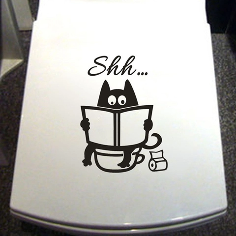 Lustige Cartoon Katze Zeitung Lesen Toilettenaufkleber PVC Wasserdicht Abnehmbar Shh Badezimmer Dekor Kreative Wandaufkleber Haus DIY