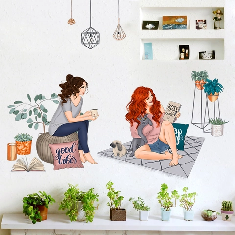 Pegatina de Pared de PVC con Ilustración Moderna Mujeres en Ocio Plantas Gato Decoración de Habitación para Sala de Estar
