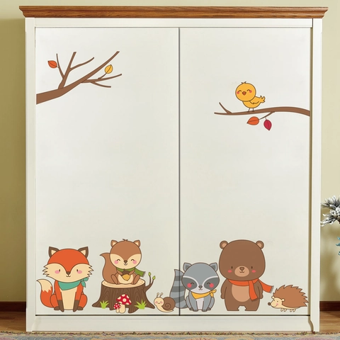Waldtier Cartoon Wandaufkleber Fuchs Bär Eichhörnchen Igel PVC Wasserdicht Aufkleber Für Kinderzimmer Kindergarten Deko