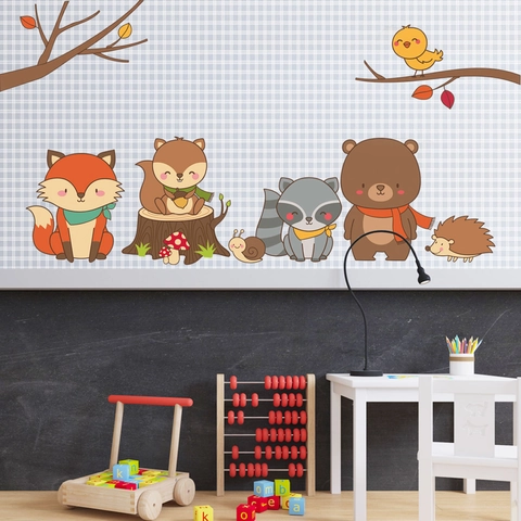 Waldtier Cartoon Wandaufkleber Fuchs Bär Eichhörnchen Igel PVC Wasserdicht Aufkleber Für Kinderzimmer Kindergarten Deko