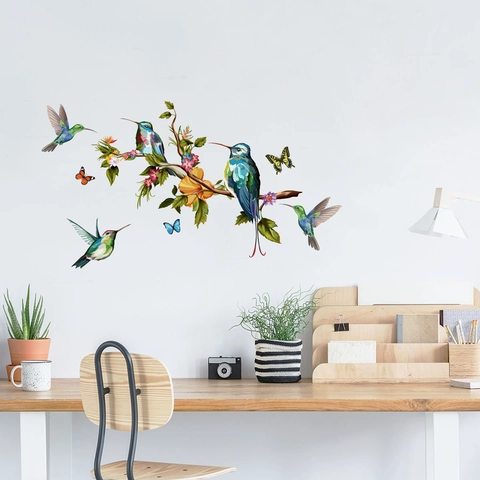 Colorful Hummingbird Butterfly Floral Wall Sticker PVC Waterproof Removable Decorative Mural For Living Room Bedroom