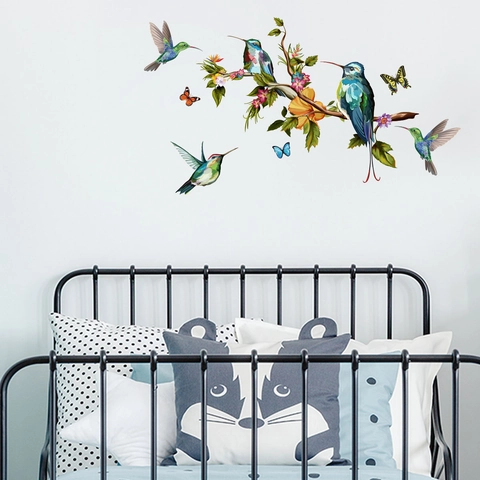 Colorful Hummingbird Butterfly Floral Wall Sticker PVC Waterproof Removable Decorative Mural For Living Room Bedroom