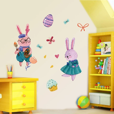Autocollant Mural Lapin de Pâques en PVC Aquarelle Décalcomanie de Lapin Papillon Cœur Pour Décoration d'Enfant Maison