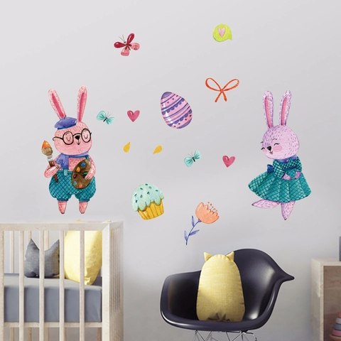 Autocollant Mural Lapin de Pâques en PVC Aquarelle Décalcomanie de Lapin Papillon Cœur Pour Décoration d'Enfant Maison