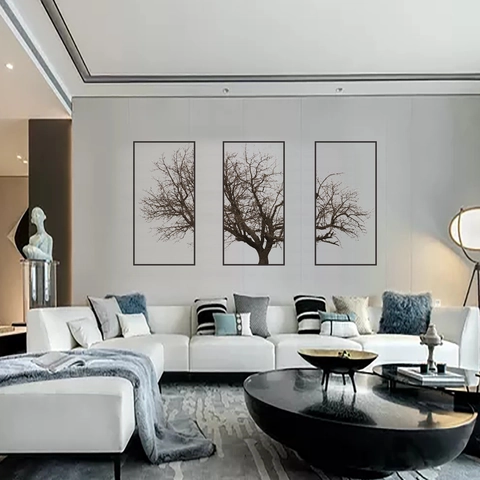 Set di Adesivi Murali Trittico con Albero Grigio in Stile Nordico Rami Invernali in PVC Rimovibile Impermeabile Decorazione Casa