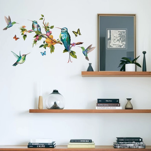 Adesivi Murali con Ramo d'Albero Colibrì Farfalla Decalcomanie da Parete Fiori Colorati per Soggiorno Camera da Letto Decorazione