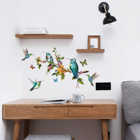 Adesivi Murali con Ramo d'Albero Colibrì Farfalla Decalcomanie da Parete Fiori Colorati per Soggiorno Camera da Letto Decorazione