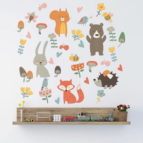 Cartoon Waldtiere Wandaufkleber Für Kinderzimmer Kindergarten Deko Fuchs Bär Hase PVC Wandtattoo Home Dekoration Sticker