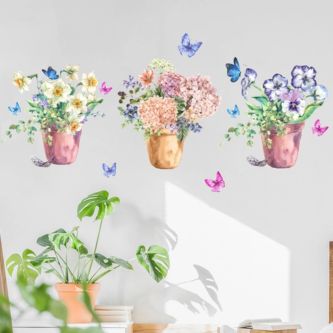 Watercolor Flower Pot Butterfly Wall Sticker PVC Waterproof Removable Floral Decals For Living Room Bedroom Home Decor