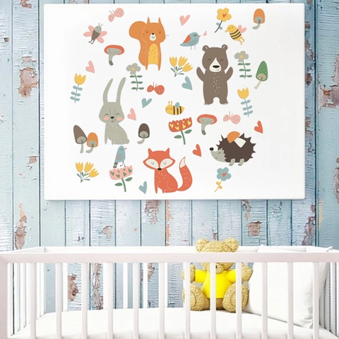 Cartoon Waldtiere Wandaufkleber Für Kinderzimmer Kindergarten Deko Fuchs Bär Hase PVC Wandtattoo Home Dekoration Sticker