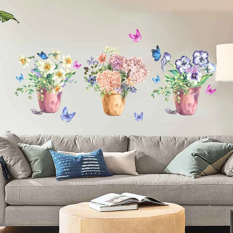 Watercolor Flower Pot Butterfly Wall Sticker PVC Waterproof Removable Floral Decals For Living Room Bedroom Home Decor