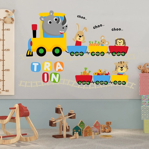 Pegatinas de Pared de Tren de Animales del Bosque para Niños PVC Removible Rinoceronte Conejo Tigre Decoración de Dormitorio