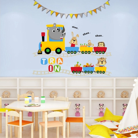 Pegatinas de Pared de Tren de Animales del Bosque para Niños PVC Removible Rinoceronte Conejo Tigre Decoración de Dormitorio