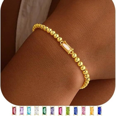 Fashion Gold Plated Brass 12 Month Birthstone Bracelet For Women Geometric Zirconia Round Bead Chain Minimalist Jewelry Gift