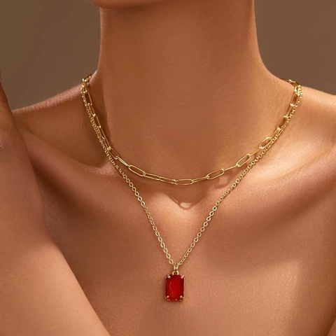 Layered Gold Stainless Steel Paperclip Chain Necklace With Rectangle Zirconia Pendant Elegant Jewelry For Women Party Prom