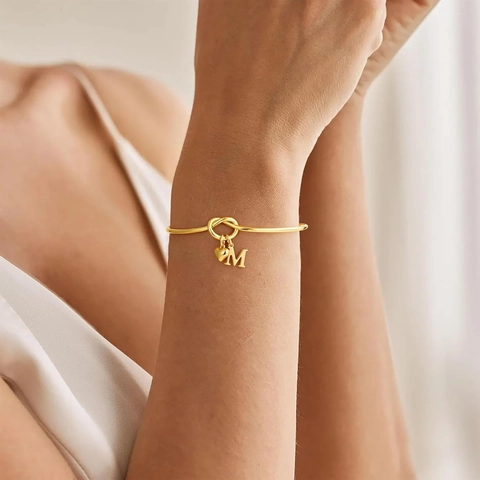 Stainless Steel Knot Bangle With Heart And Initial Letter Charms Gold Plated Minimalist Open Bracelet For Women Jewelry Gift