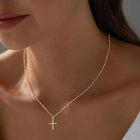 Stainless Steel Gold Plated Cross Pendant Necklace With Copper Zirconia Inlaid Adjustable Rope Chain Women Jewelry Gift