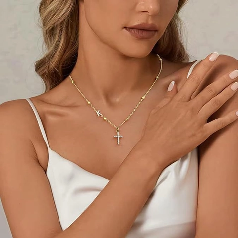 Gold Plated Copper Cross Pendant Necklace With Zirconia Initial Letter For Women Dainty Clavicle Chain Jewelry Gift