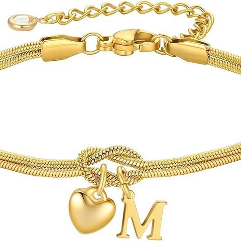 18K Verguld Koperen Slangenbotketting Armband Voor Vrouwen Liefdesknoop Hart Hanger A-Z Initialen Letter Verstelbare Sieraden