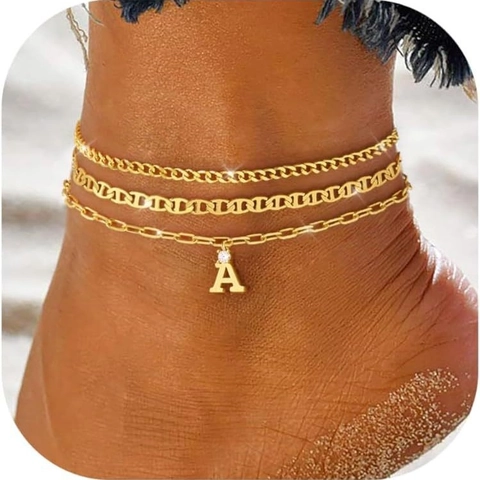 Layered Stainless Steel Alphabet Anklet 14k Gold Plated Multi Chain Cubic Zirconia Letter Charm Anklet Summer Beach Jewelry
