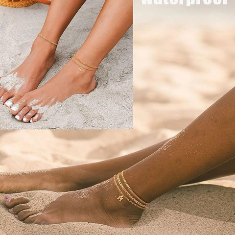 Layered Stainless Steel Alphabet Anklet 14k Gold Plated Multi Chain Cubic Zirconia Letter Charm Anklet Summer Beach Jewelry
