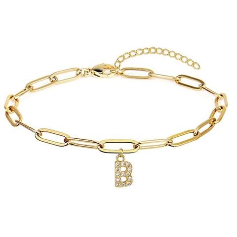 Fashion Gold Plated Stainless Steel Paperclip Chain Initial Letter Pendant Bracelet Rhinestone Inlaid Jewelry For Women