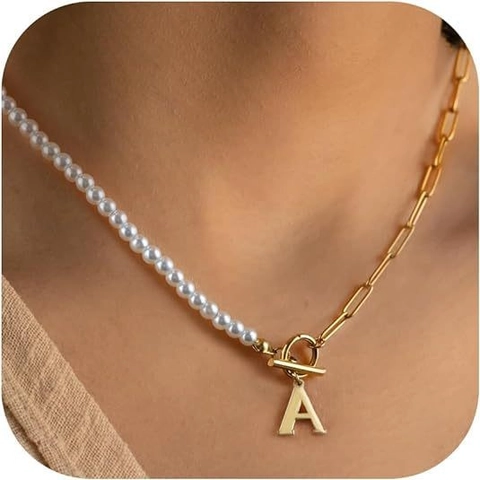 Splicing Artificial Pearl Paperclip Chain Necklace For Women Copper Gold Plated Big Alphabet Letter Pendant Toggle Clasp Jewelry