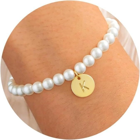 Stainless Steel Gold Plated Initial Letter Coin Pendant Faux Artificial Pearl Beaded Bracelet For Women Bridesmaid Wedding Jewelry Gift