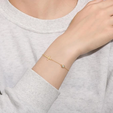 Minimalist Brass Zirconia Cross Pendant Bracelet For Women Ins Style Gold Silver Plated Thin Chain Adjustable Jewelry Gift