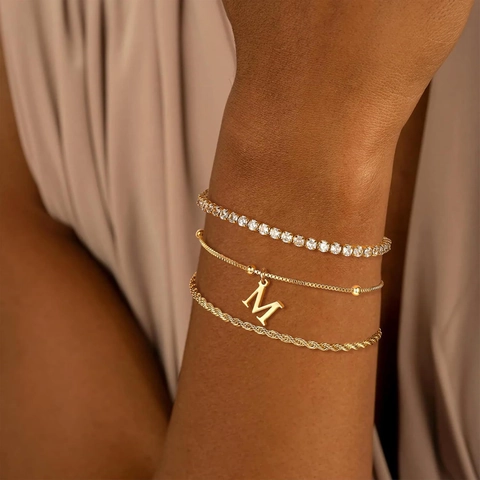 Gold Plated Brass Zirconia Initial Letter Bracelet Set For Women Fashion Tennis Chain Rope Chain Adjustable Jewelry