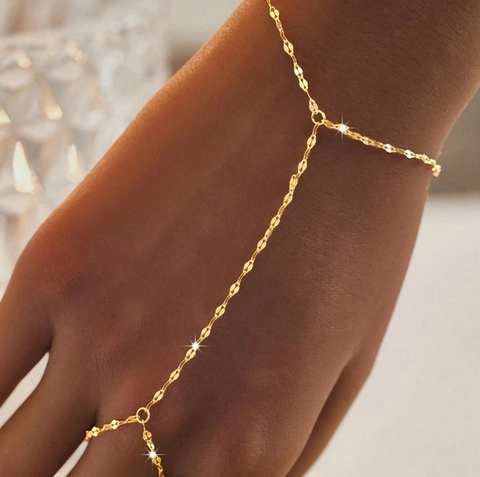 Women Gold Stainless Steel Hand Chain With Zirconia Initial Letter Pendant Finger Ring Jewelry