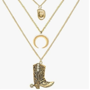 Collana a Triplo Strato Con Pendente a Forma di Stivale e Cappello da Cowboy e Mezzaluna Placcata in Oro Vero Rame Strass Gioielli Boho Vintage per Donna