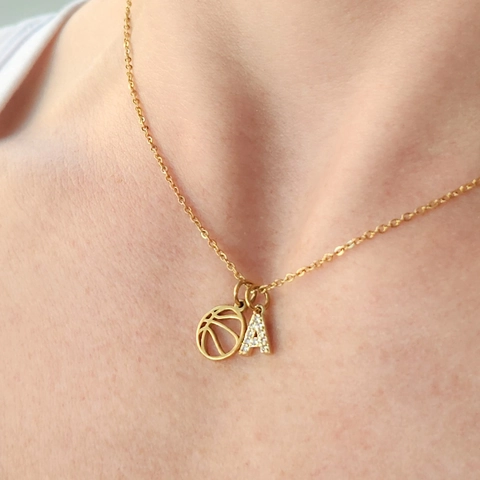 Stainless Steel Hollow Basketball Volleyball Initial Letter Pendant Necklace Zirconia Inlaid Sports Jewelry For Women Gift