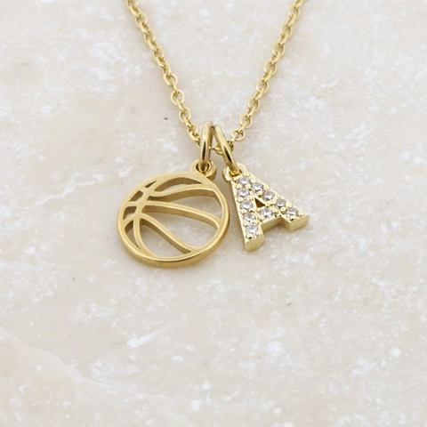 Stainless Steel Hollow Basketball Volleyball Initial Letter Pendant Necklace Zirconia Inlaid Sports Jewelry For Women Gift