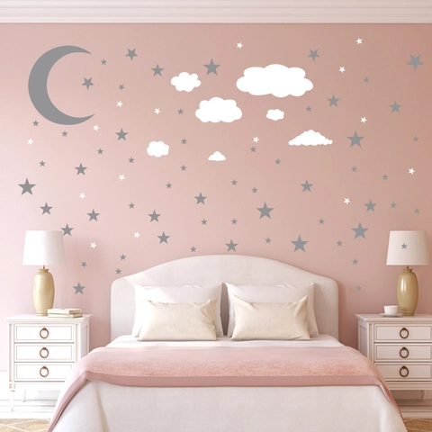 Moon Stars And Clouds Wall Stickers For Kids Room Nursery Decor PVC DIY Removable Celestial Wall Decals Three Sheets Set