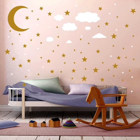 Moon Stars And Clouds Wall Stickers For Kids Room Nursery Decor PVC DIY Removable Celestial Wall Decals Three Sheets Set