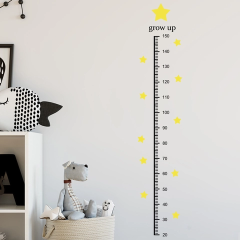 Kids Growth Chart Wall Sticker Removable PVC Height Measurement Ruler With Yellow Stars And Grow Up Letters For Nursery Decor