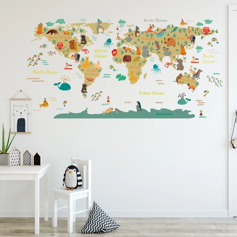 Nordic Cartoon Animal World Map Wall Stickers For Kids Room PVC Educational Geography Decorative Colorful Wall Decals
