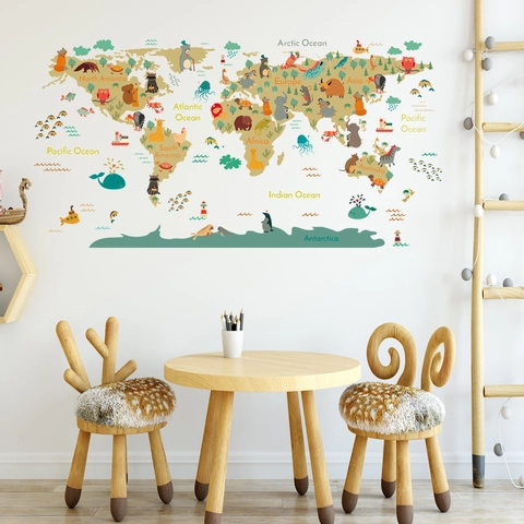Nordic Cartoon Animal World Map Wall Stickers For Kids Room PVC Educational Geography Decorative Colorful Wall Decals