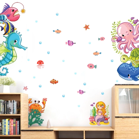 Stickers Muraux Monde Sous-Marin Dessin Animé Vie Marine PVC Sirène Baleine Poisson Stickers Décoratifs DIY Pour Chambre Enfant