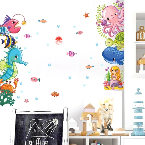 Stickers Muraux Monde Sous-Marin Dessin Animé Vie Marine PVC Sirène Baleine Poisson Stickers Décoratifs DIY Pour Chambre Enfant