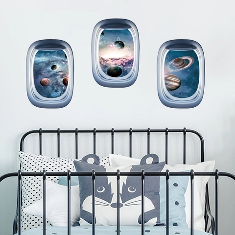 Pegatinas de Pared Vista Ventana Avión Espacio Galaxia Planeta PVC Autoadhesivo Universo Cielo Estrellado Calcomanías Para Decoración Hogar Oficina