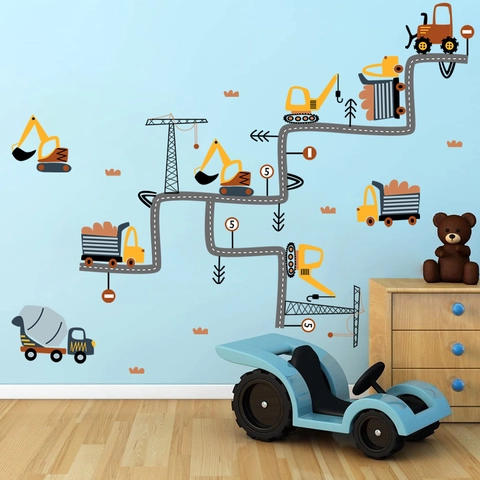Stickers Muraux Véhicules de Chantier Dessin Animé Excavatrice Bulldozer Panneaux Routiers pour Chambre d'Enfant Décor PVC DIY
