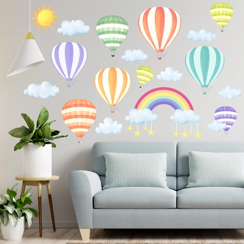 Bunte Heißluftballon Wandtattoos Aquarell Regenbogen Wolke Sonne PVC Abnehmbare Kinderzimmer Dekoration Wandaufkleber Kinder