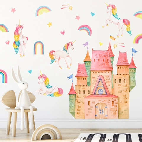 Adesivo da Parete Unicorno Castello Arcobaleno Acquerello per Cameretta Bambini Decorazione PVC Removibile Cartone Animato Fiabesco