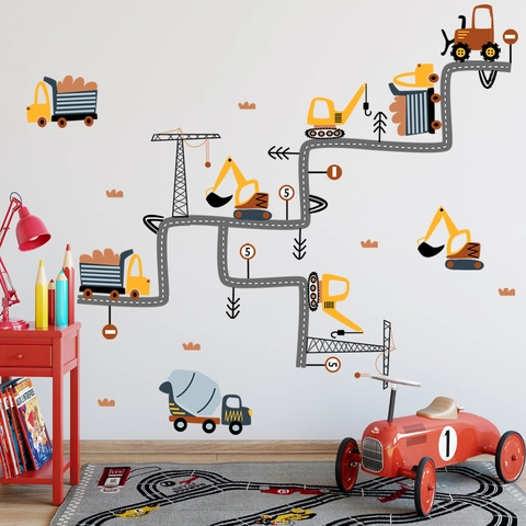 Stickers Muraux Véhicules de Chantier Dessin Animé Excavatrice Bulldozer Panneaux Routiers pour Chambre d'Enfant Décor PVC DIY
