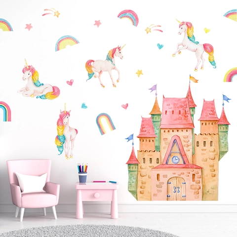 Adesivo da Parete Unicorno Castello Arcobaleno Acquerello per Cameretta Bambini Decorazione PVC Removibile Cartone Animato Fiabesco