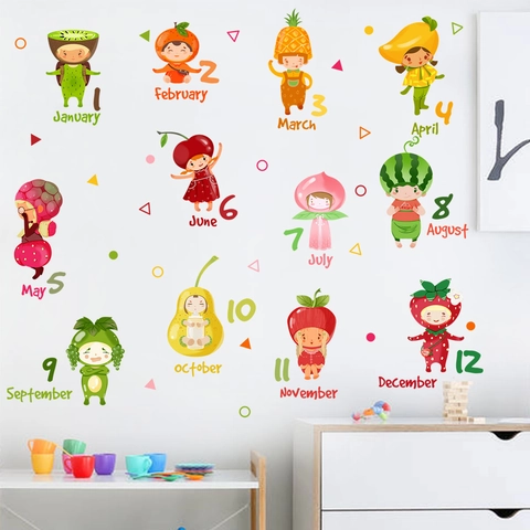 Cartoon Frucht Charakter Monate Wandaufkleber Für Kinderzimmer Englisch Wort Nummer PVC Pädagogische Dekoration Aufkleber